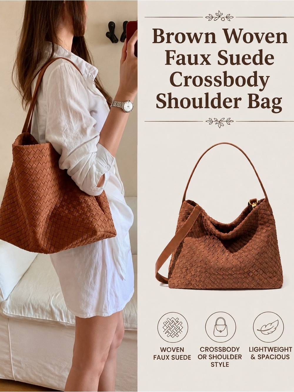 NWOT! Brown Woven Faux Suede Crossbody Shoulder Bag